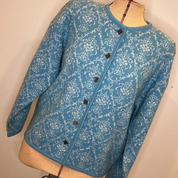 Vintage Wool Cardigan Sweater with Ornate Square Metal Buttons - Size Medium - Picture 1 of 15